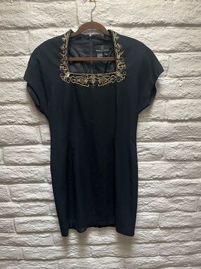 Carole Little Black Short Sleeve Top with Gold Embroidered Square Neck